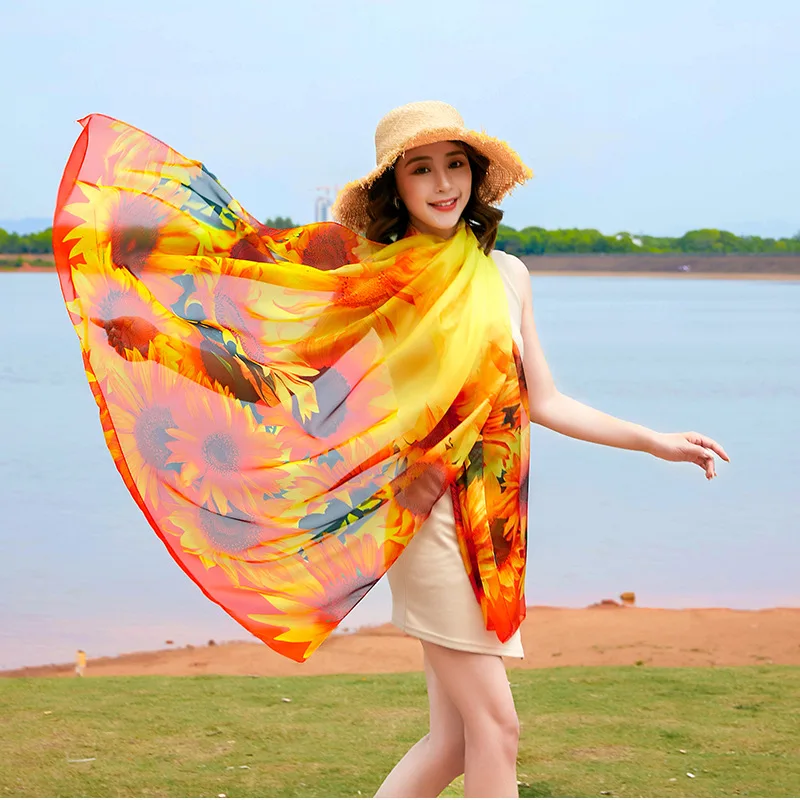 New Sunflower Print Silk Scarf Women Luxury Summer Beach Sunscreen Shawl Fashion Tulle Hijab Fashion Women\'s Chiffon Scarf