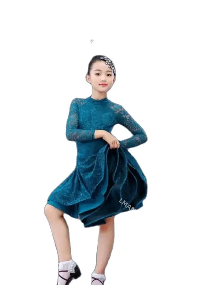 

1pcs/lot Girl long sleeve Latin Dance dress children Ballroom Salsa Tango lace dress