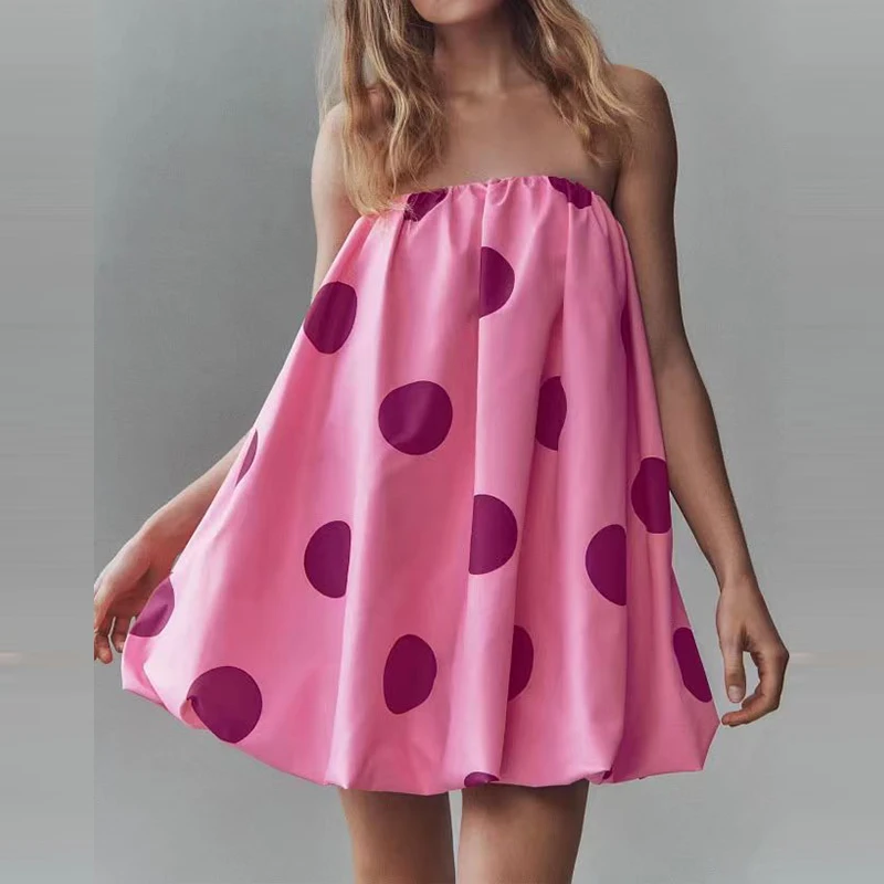 セクシーなオフショルダーストラップレスショートドレスレトロ水玉プリントノースリーブミニドレス女性エレガントなハイトウエストルーズAラインドレス