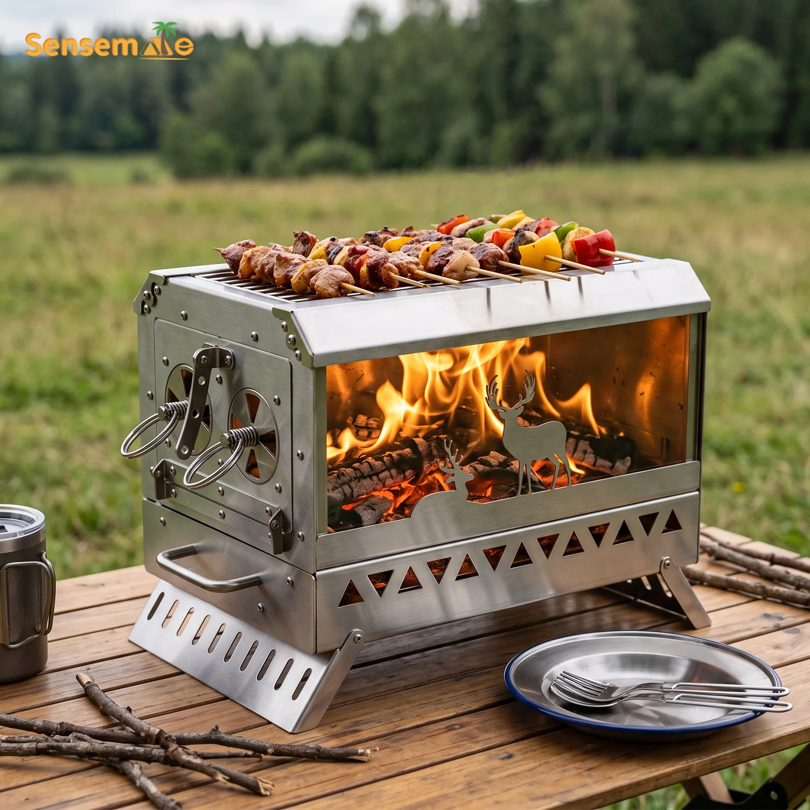 Portable Folding Wood Stove for Hot Tent Camping 2‑in‑1 BBQ Grill Wood Burning Stove with Chimney for Garden Outdoor Cooking