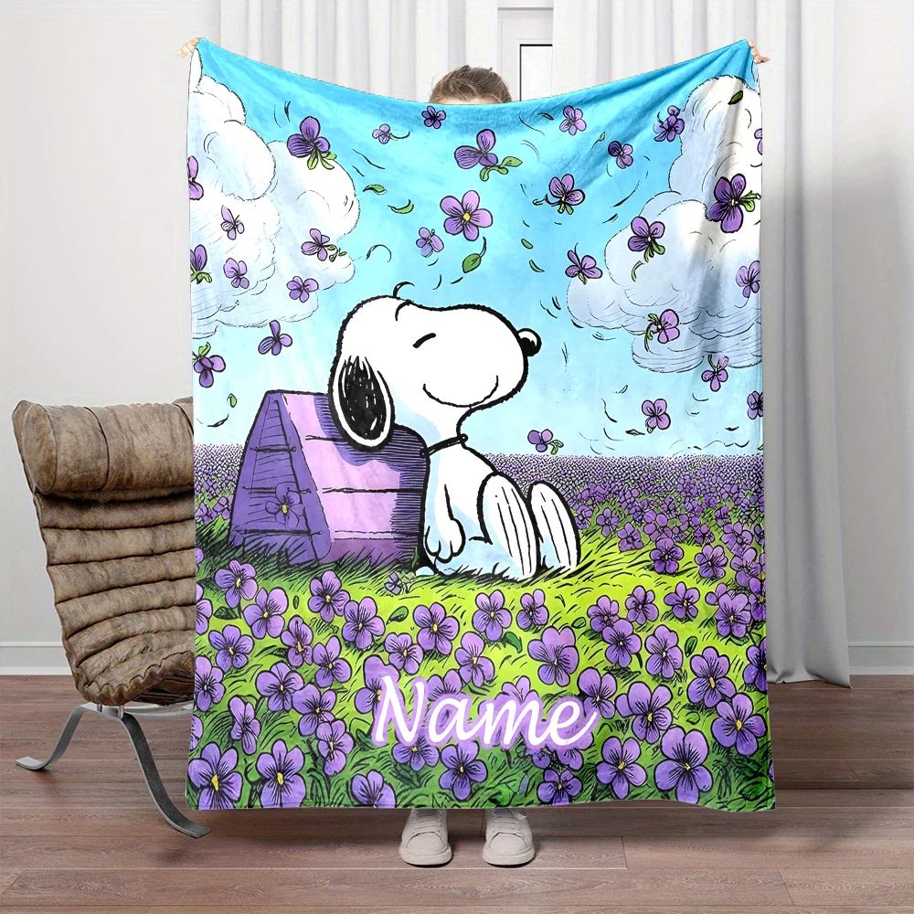 Customized Name Blanket Snoopy Cartoon Print Soft and Warm Blanket Suitable for Home Office Camper Sofa Bed Picnic Blanket