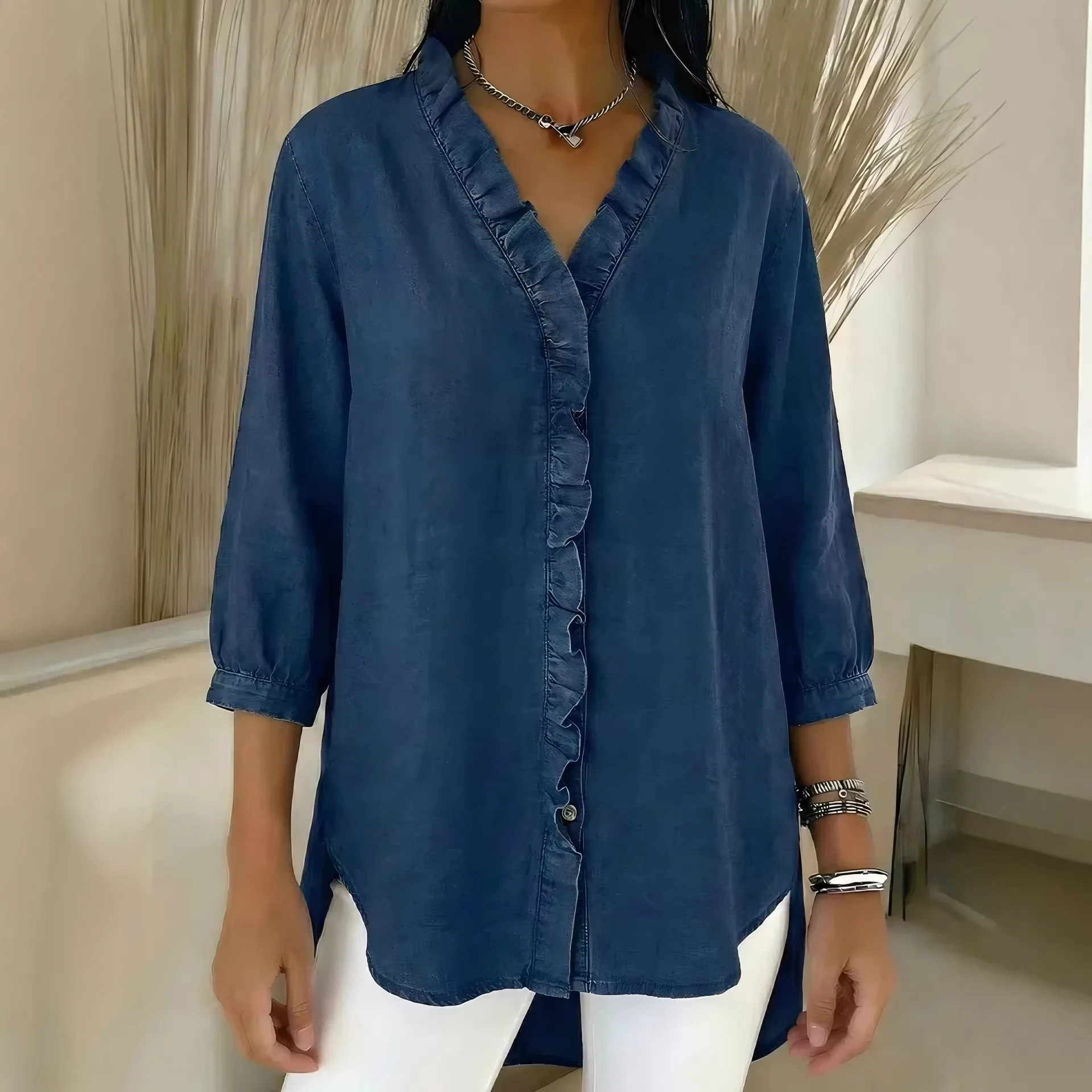

Faux Denim Shirt with Ruffle Trim V Neck 2026 Spring Summer Women's Casual Blouse Lightweight Fabric Day Out Outfit