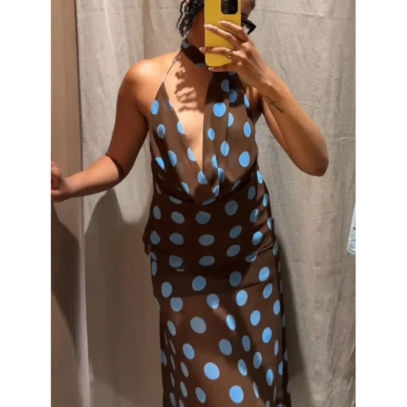 

Retro Polka Dot Women's Suit Scarf V-Neck Backless Top Asymmetric Skirt Set Elegant Summer Beach Fashion Holiday Outfit