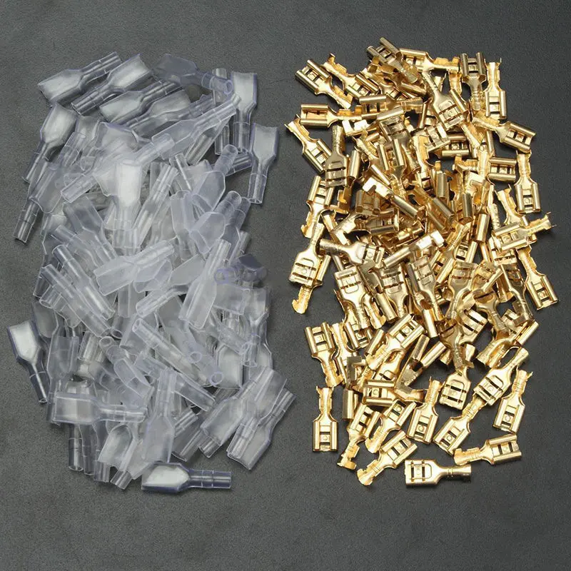 100 sets 6.3mm Gold Crimp Terminal Female Spade Electrical Connectors & Insulating Sleeve Wrap Kit Car Electrical Terminals