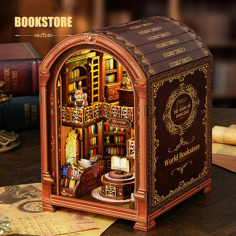 DIY 인형의 집 책 모서리 세계 서점 인형의 집 미니어처 가구 키트 3D 조립 장난감 어린이 성인 크리스마스 선물 카사
