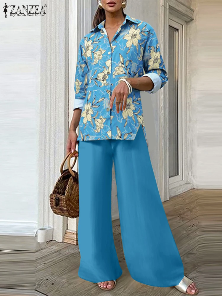 

ZANZEA Autumn Vintage Pant Sets Women Fashion 2 Piece Outfits 2025 Elegant Long Sleeve Print Tops and Elastic Waist Pants 2pcs