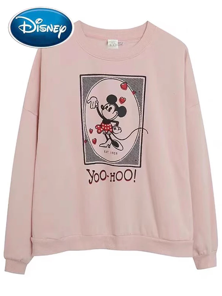 

Disney 100th Anniversary Sweatshirt Minnie Mouse Cartoon Print Fashion Women Long Sleeve O-Neck Pullover Fleece Jumper Tops Pink