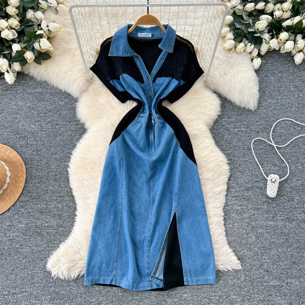 Elegancka sukienka letnia w stylu koreańskim boho, szyta z krótkim rękawem w stylu vintage, imitująca dwuczęściowy krój, z rozcięciem, w stylu fairy.