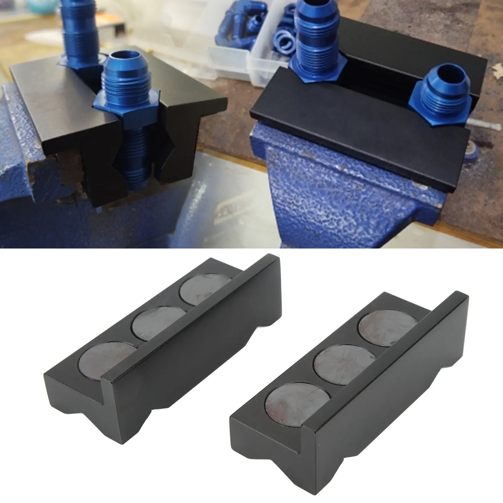 

2Pcs Vice Jaw Pads Steel Billet Aluminum Magnetic High Performance Grooved Surface Multi Purpose for All Vice
