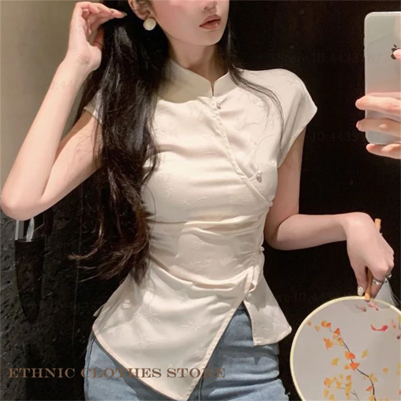 Fashion New Chinese Style Top Shirt Classic Jacquard Tang Style Qipao Cheongsam Blouse Traditional Chinese Clothing Summer Shirt