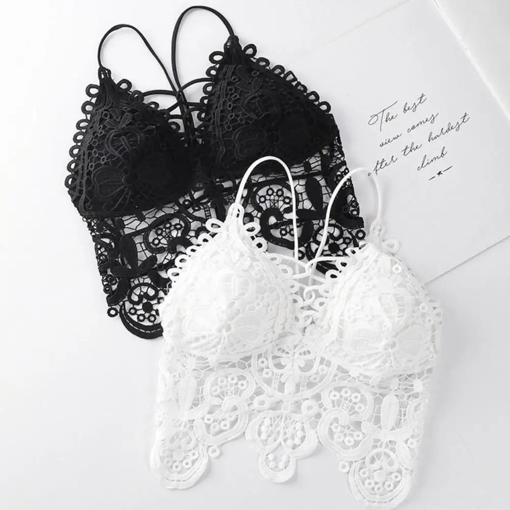 Ins style Vest Bohemian Style Camisole Sleeveless Hollow Out Deep V Bra Lingerie Beachwear Lace Wireless Bra Lady Female