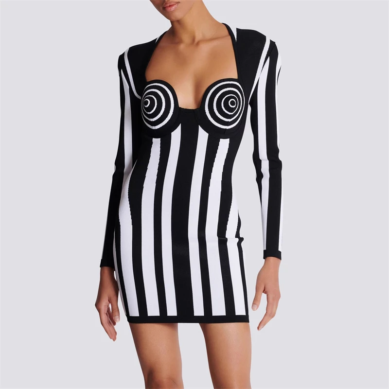 Autumn new style square collar black and white striped knitted long sleeve dress y2k high quality Fashion elasticSlim mini skirt