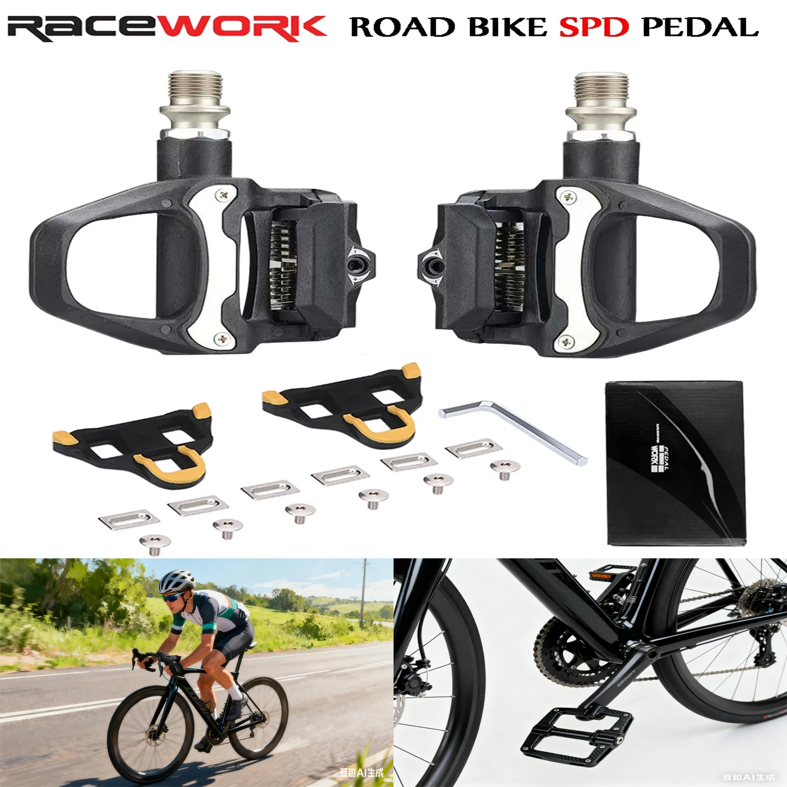 

RACEWORK самоблокирующаяся велосипедная педаль, профессиональная система SPD, педаль для шоссейного велосипеда, нейлоновый велосипедный подшипник, шипы, без зажимов, педаль для велосипеда