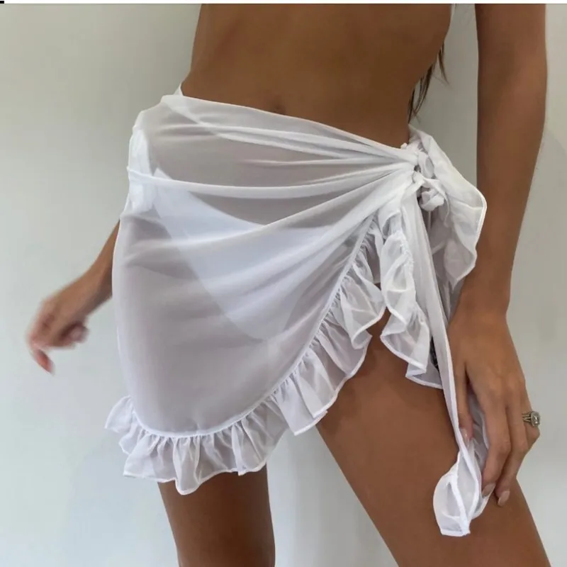 Summer Mesh Mini Ruffle Skirts for Women Bikini Cover Ups Tassel Dress Bikini Candy Bathing Skirt Girls Swimsuit Beachwear Wraps