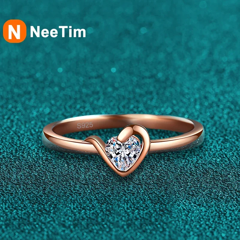 NeeTim Heart Cut Moissanite Eternity Ring 925 Sterling Silver with Champagne White Gold Plated Band Lab Diamond Rings For Women