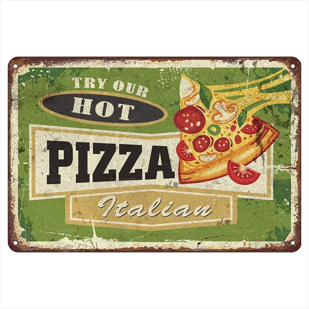 Pizza Metal Tin Sign, , Try Our Hot Pizza Vintage Sign, Retro Wall Art Decor, Durable Indoor Outdoor Metal Poster For Pizza Plac