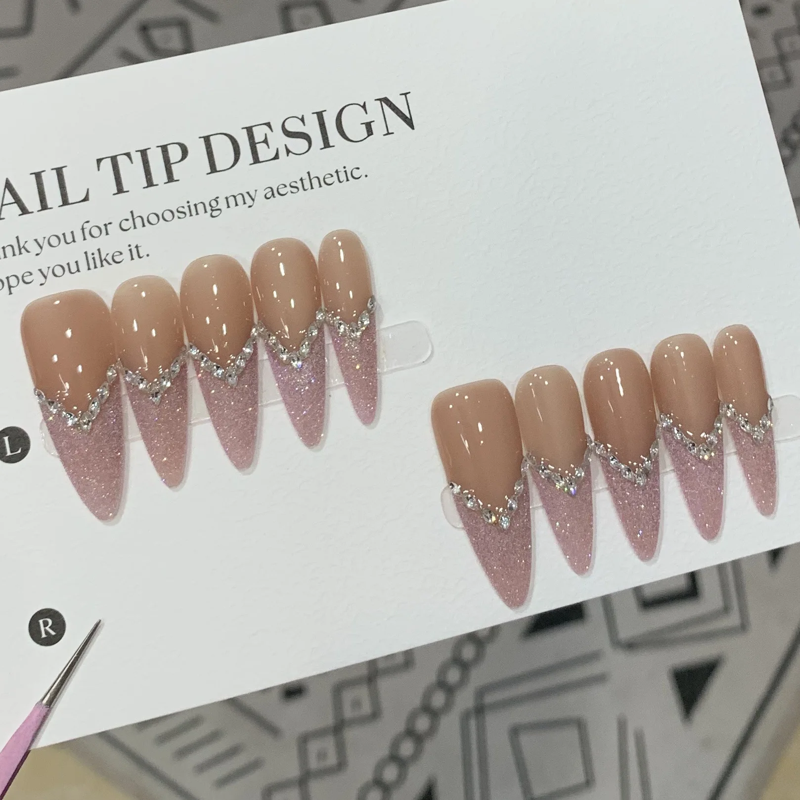 10 Uds. De uñas postizas hechas a mano con punta francesa, uñas postizas largas con brillo de aguja y diamantes de imitación con pegamento, uñas postizas reutilizables de cobertura completa