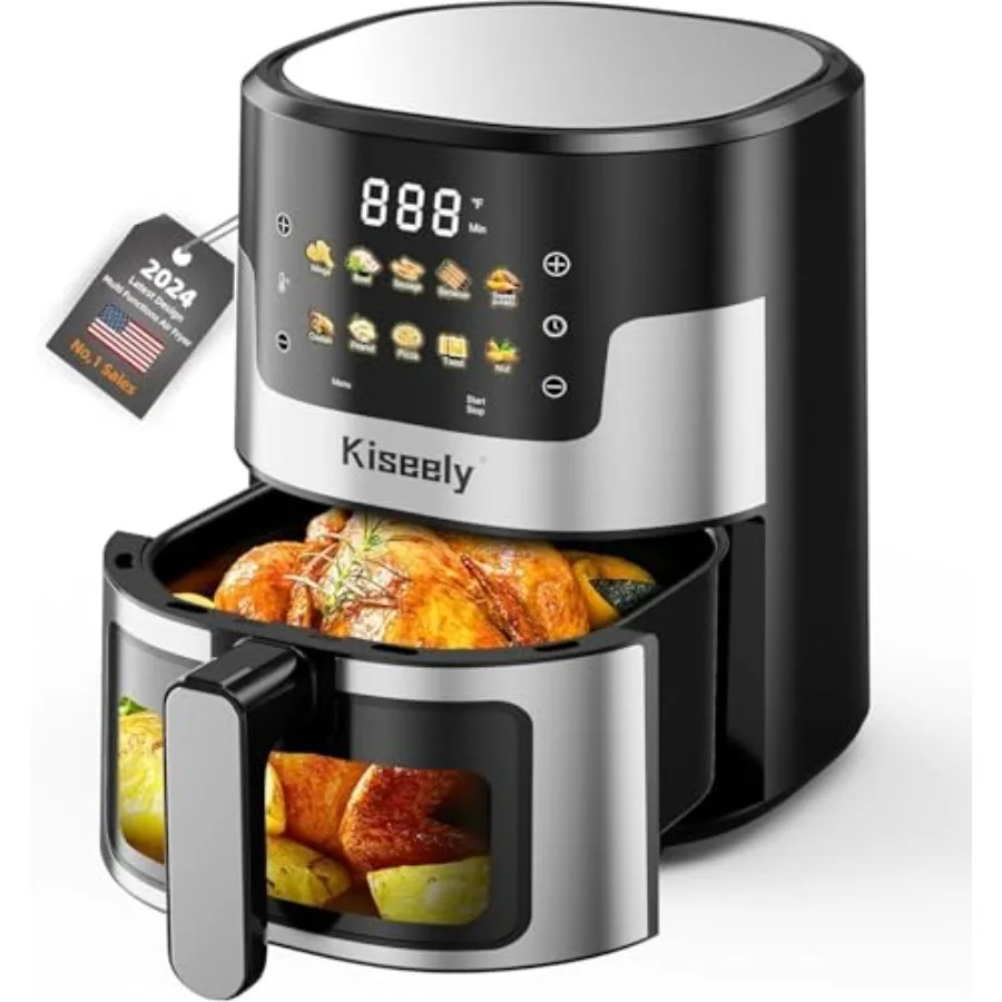

Аэрофритюрница 6 QT с сенсорным стеклянным экраном, корпусом из нержавеющей стали, прозрачными окнами, функциями 10-в-1, автоматическим отключением, контролем времени и температуры