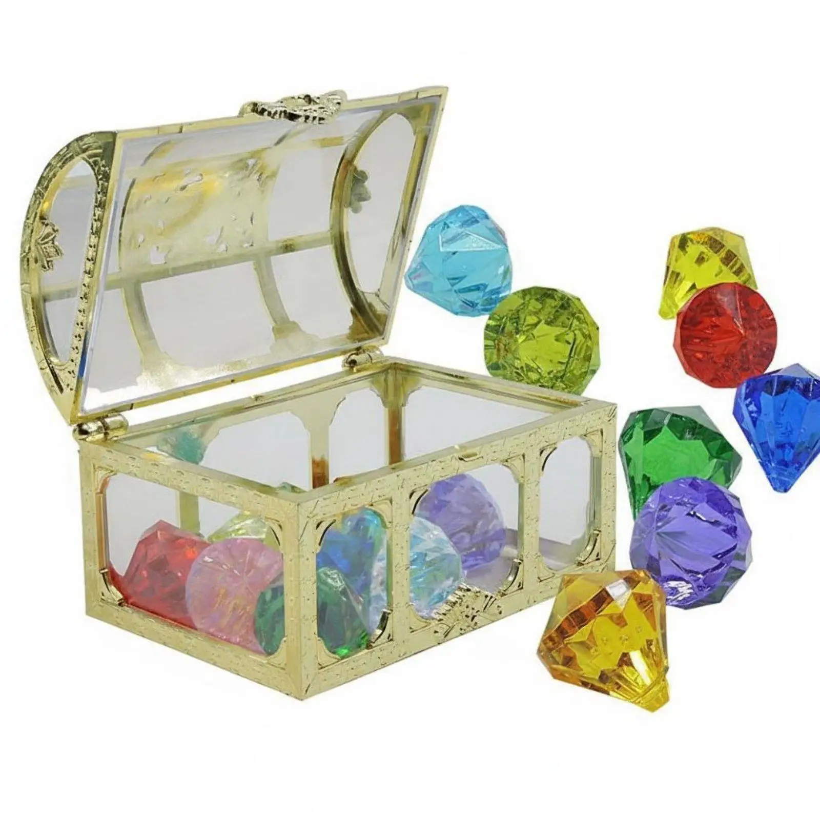 Waterproof Acrylic Treasure Chest with Fake Gems for Kids Pool Toys Swimming Diving Game Beach Party Favor