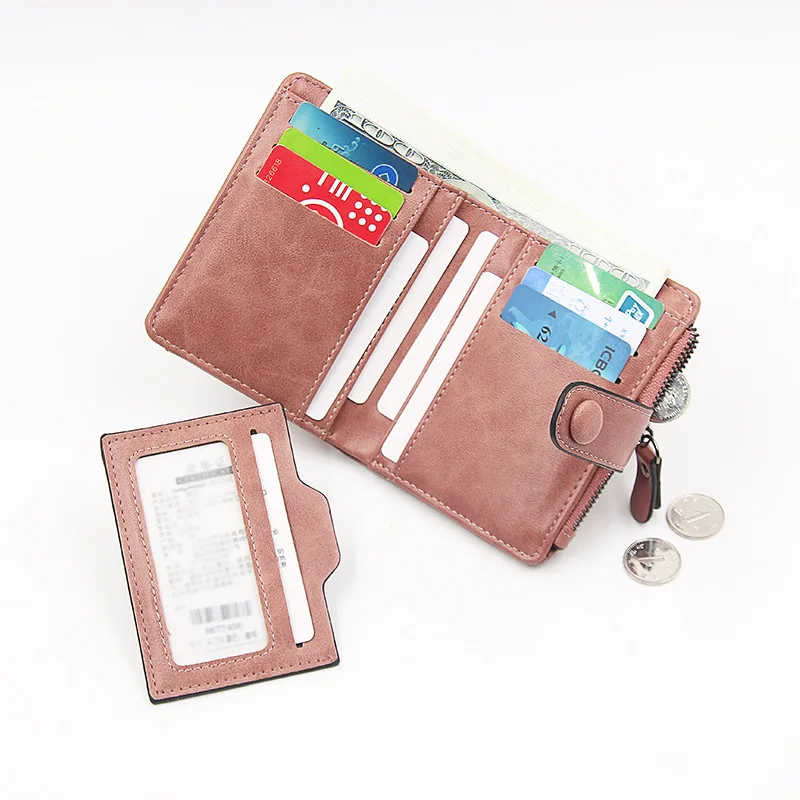Thin and minimalist women\'s short wallet with detachable card slot and ID card window, suitable for men and women to use