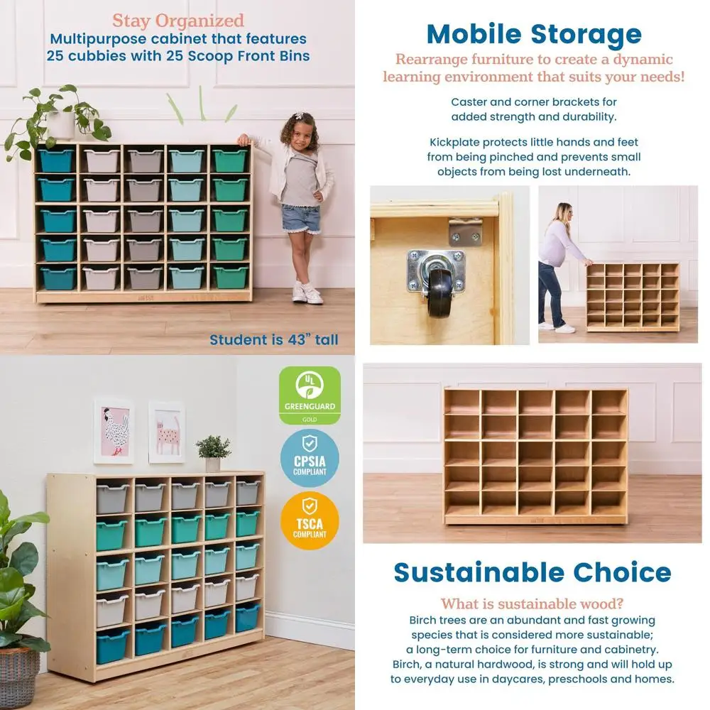 

25 Cubby Tray Cabinet with Scoop ront Storage Bins, Natural, Classroom urniture, Contemporary