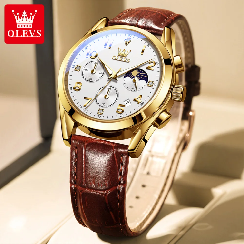 OLEVS 2890 Fashion Quartz Movement Watch Multi-function Dial 30m Waterproof Calendar Window Lunar Phase Leather Strap Watch
