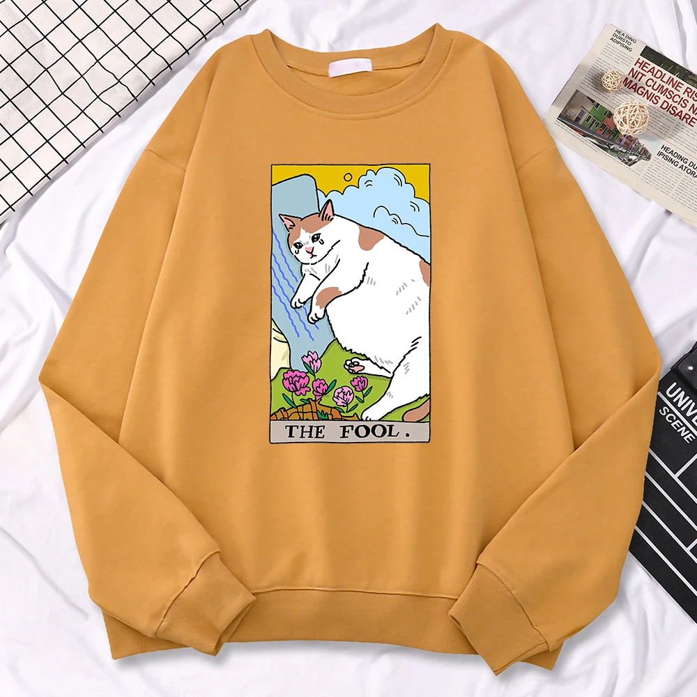 Autumn Sweatshirts For Women The Fool Sad Cat Meme Printing Hoodies Comfortable All-Math Pullovers Crewneck Loose Female Clothes