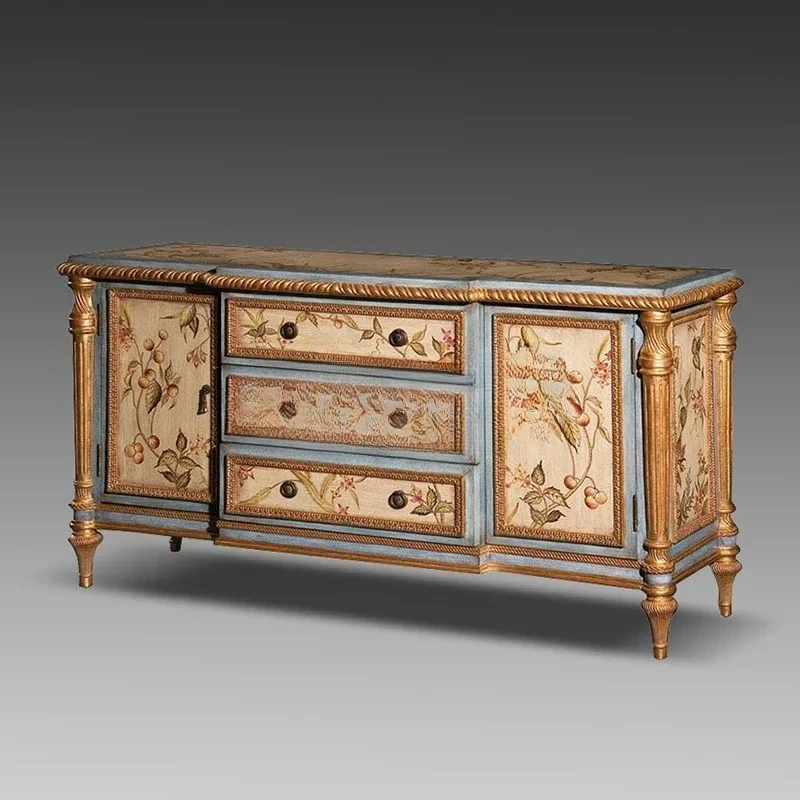A  European painted entrance cabinet high-end partition cabinet retro pure hand-painted solid wood dining side cabinet