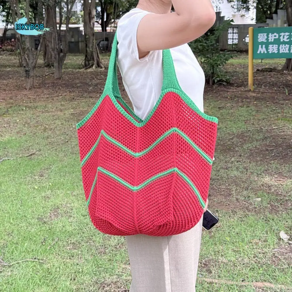 

Elegant Bohemian Knitted Shoulder Bag Sweet Large Capacity Casual Woven Handbag Soft Hollowed Out Simple Shopping Bag Female