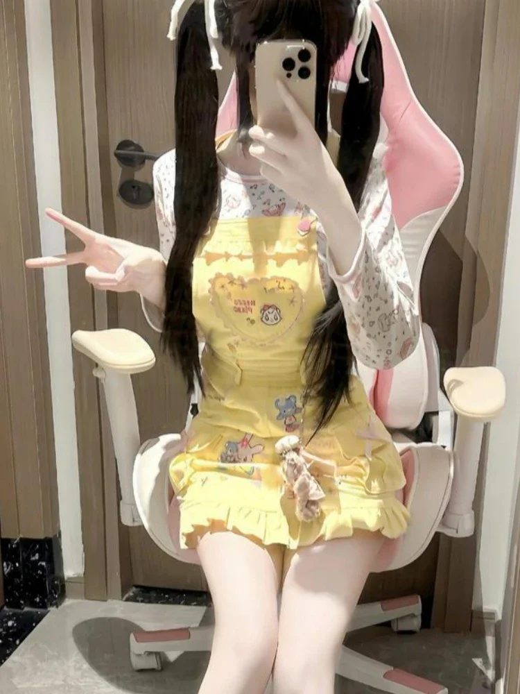 Women Cute Two Piece Set Printed Long Sleeve Shirt and Ruffle Hem Bib Dress Bear Patch Yellow Slim Fit Suit Kawaii Style Outfit