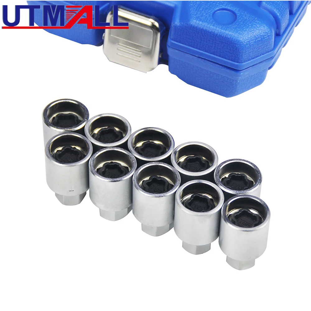 UTMALL 10Pcs Locking Wheel Nut Keys For Tesla Removal Installer Socket Key Set T76~T85 With a 17mm Alloy Wheel Nut Socket