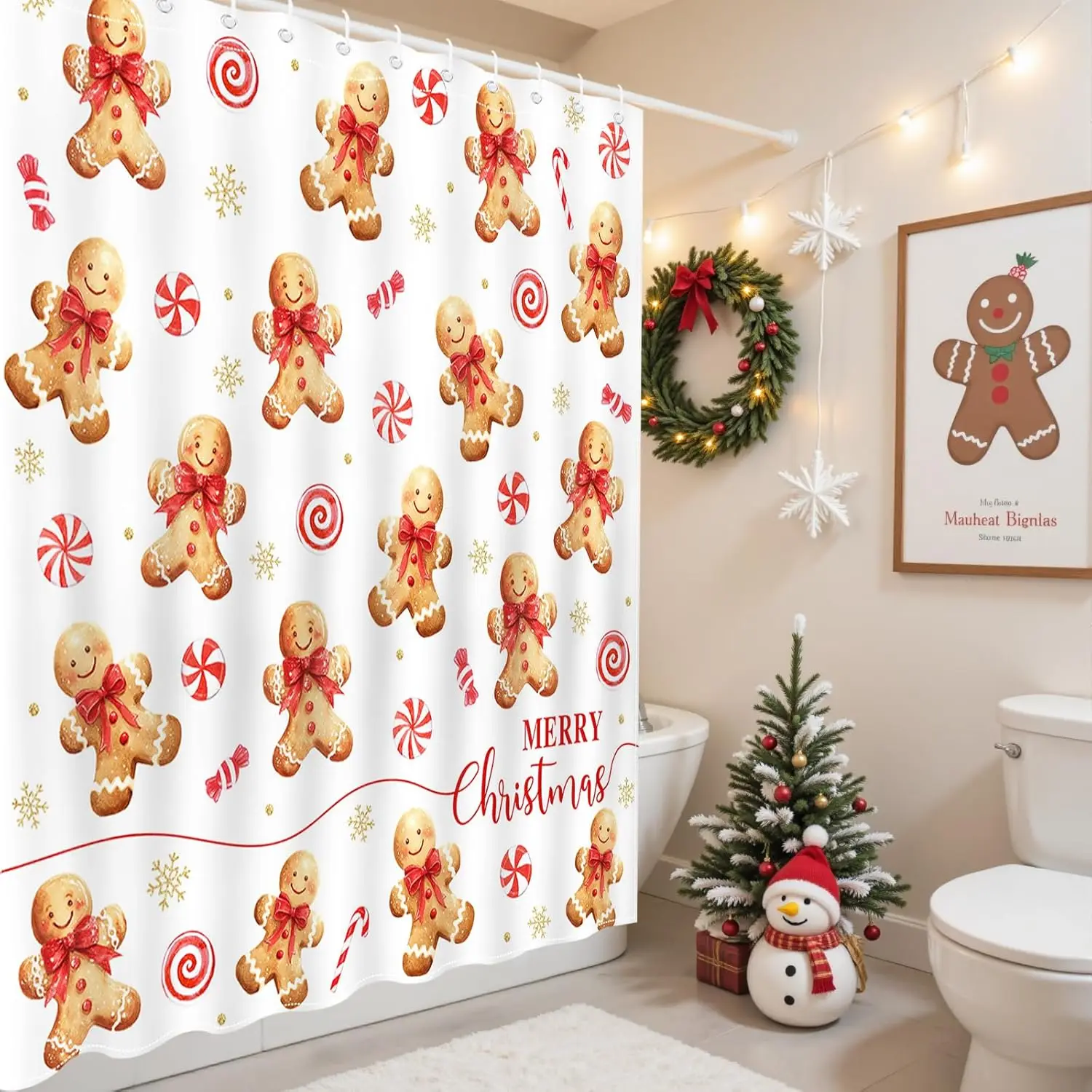 Merry Christmas Shower Curtain for Bathroom Cute Gingerbread Man Snowflake Shower Curtain for Christmas Bathroom DecorWaterproof