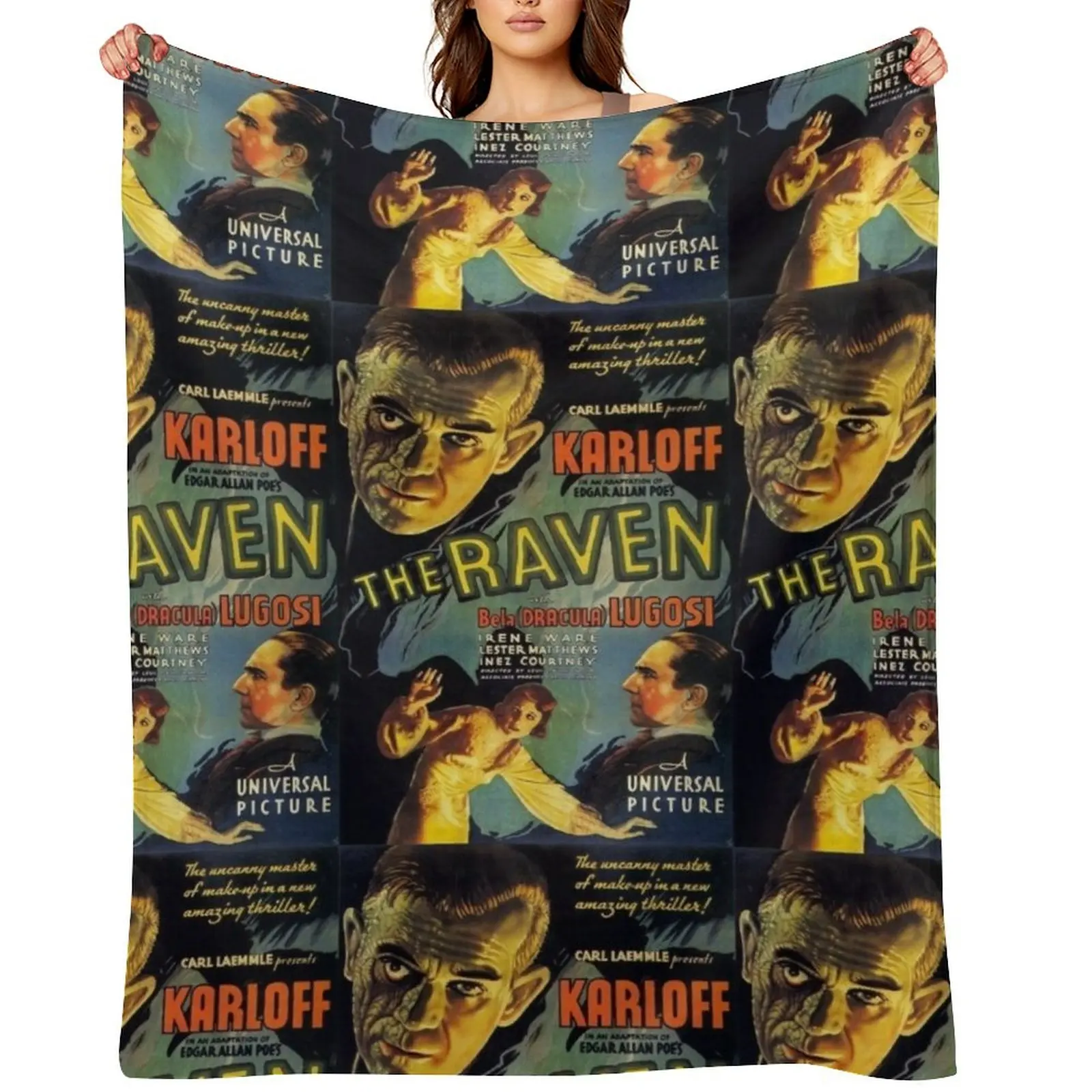 

The Raven - vintage Universal horror poster - Boris Karloff, Bela Lugosi, Edgar Allen Poe Throw Blanket Multi-Purpose Blankets