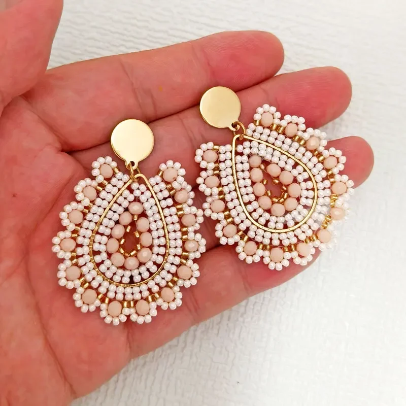Bohemia Rice bead earrings Water drop Off-white Crystal Hand weaving Alloy Personality Ethnic style Beaded earrings Simplicity