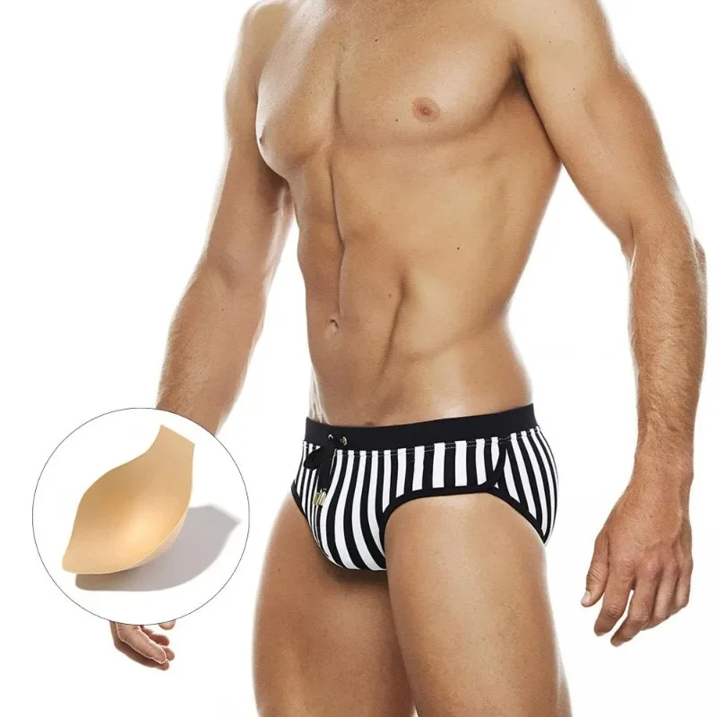 

Summer Men's Low Waist Sexy Bikini Swimwear with Push Pad Swimsuits Fashion Black White Stripes Swim Briefs Surf Beach Shorts