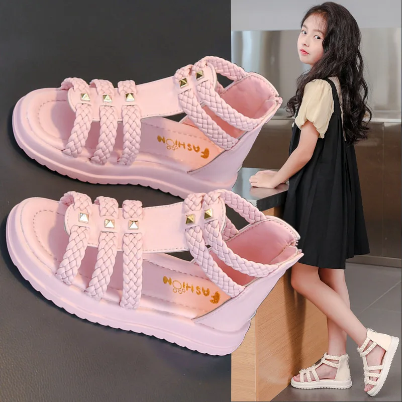 Kids Summer Sandals for Girls 2023 New Versatile Korean Style PU Soft Non-slip Flat Casual Weave Gladiator Sandals Princess Soft