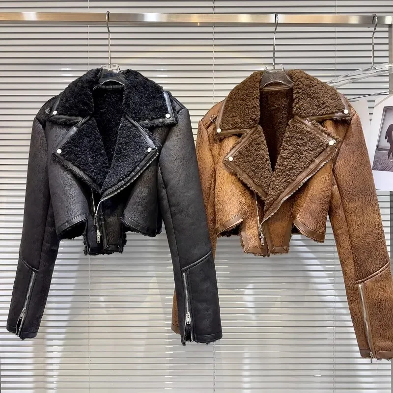 2023 Winter Autumn Streetwear Style Lapel Zipper Cuff Texture Fur Integrated Jacket Short Leather Coat Women Jaquetas Feminina