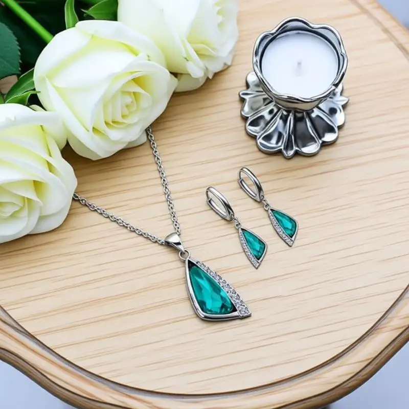 Big Promotion 925 Sterling Silver Women Wedding Jewelry Sets With Green Triangle Crystal Earrings Necklace Set Wedding Gifts