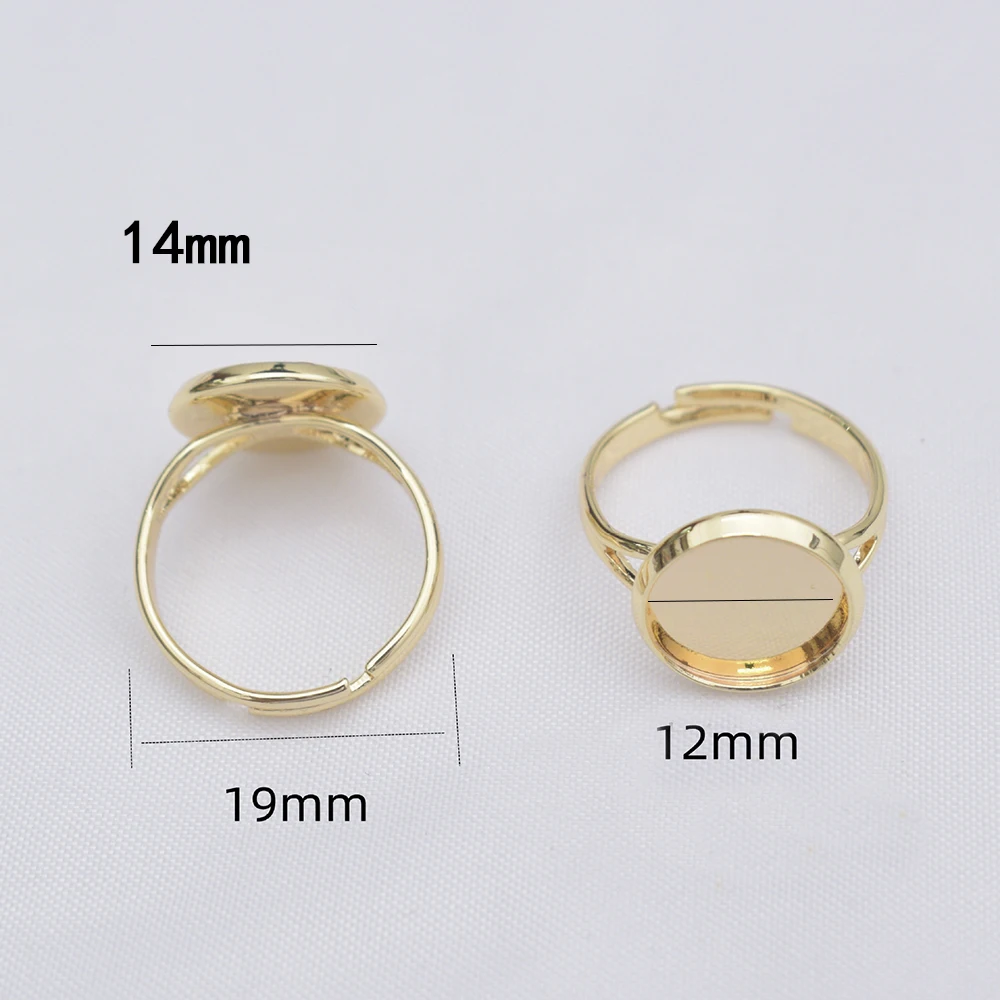 3Pcs Brass 14K Gold Plated Adjustable Glue on Ring Base Setting Flat 12mm Round Blank Bezel Tray For Diy Statement Ring Jewelry