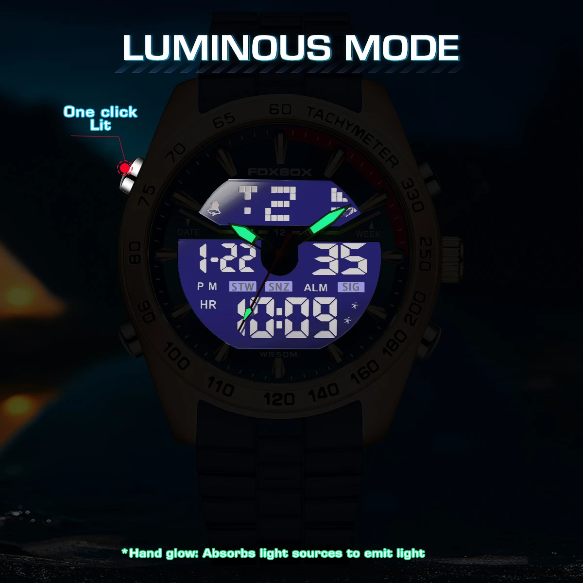 FOXBOX Brand Electronic Man Watch Fashion Alarm Week 50M Waterproof HD Lume Dual Display Sport Digital Stopwatch Watches for Men