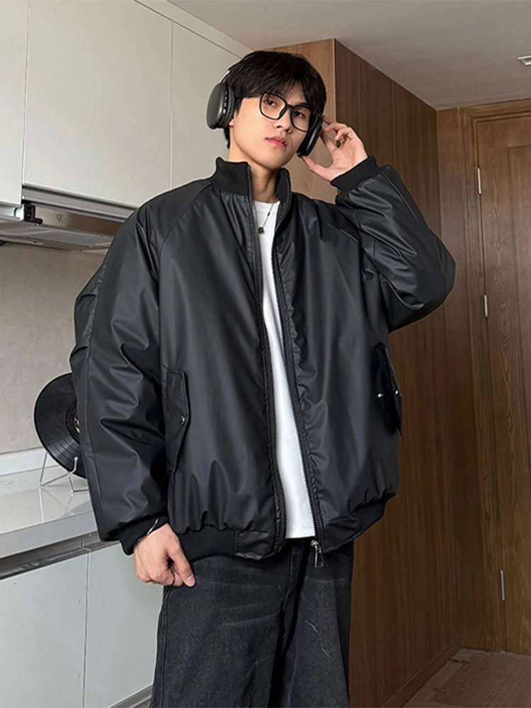 

Мужское зимнее пальто-харингтон из искусственной кожи PU с воротником-стойкой, длинное, теплое, в американском стиле