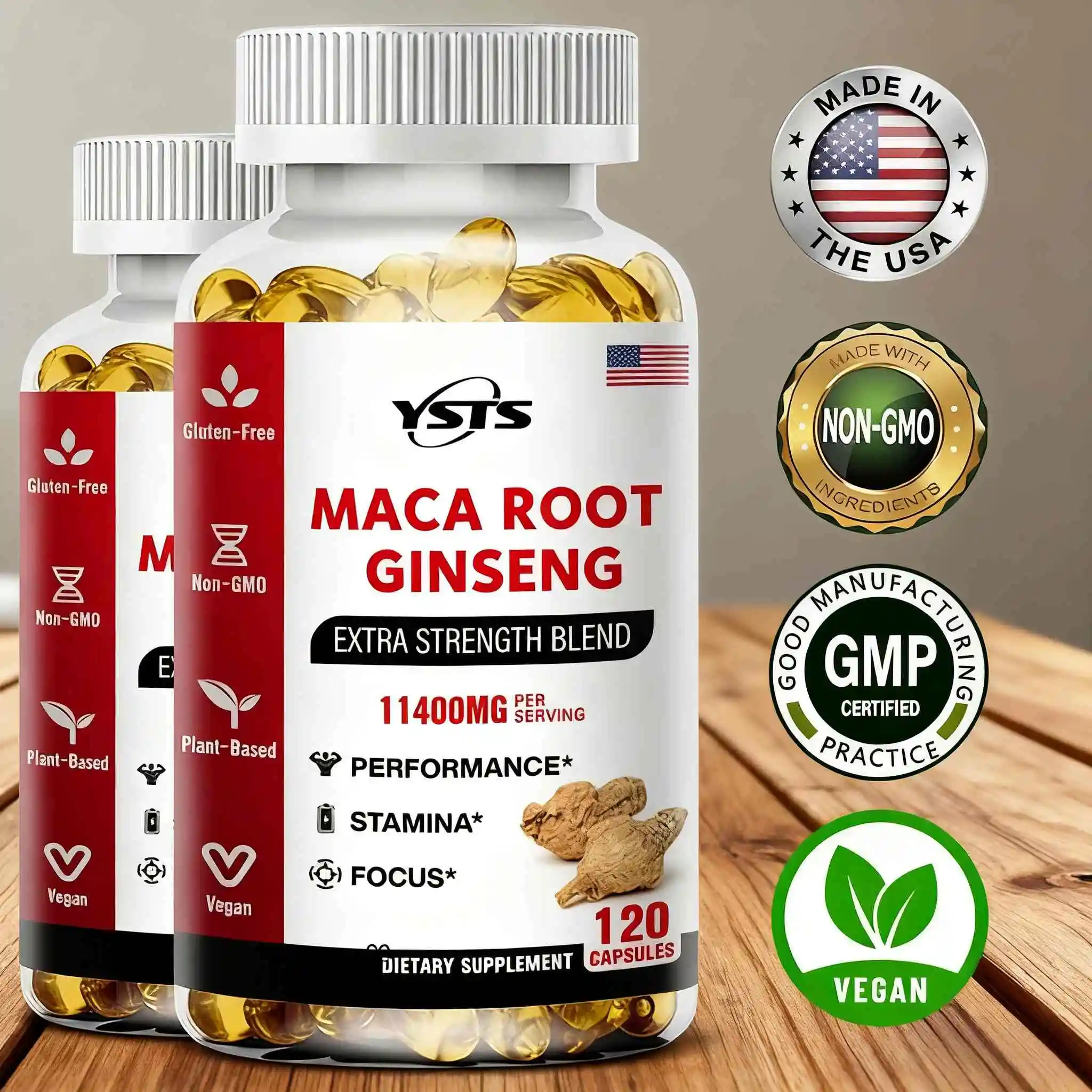 Raíz de maca orgánica + cápsulas de extracto de ginseng - Resistencia y estado de ánimo - Suplemento energético para hombres y mujeres