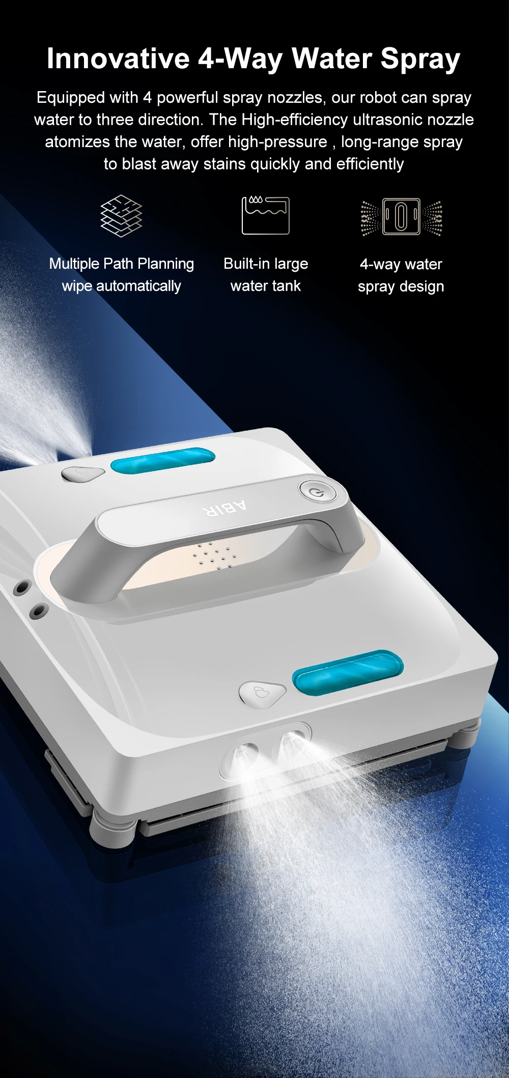 Robot Window Vacuum Cleaner ABIR WD9,4-Way Water Spray, Laser Sensor,9000PA Suction, Low Nosise,Wet Dry Scrape & Wipe in One