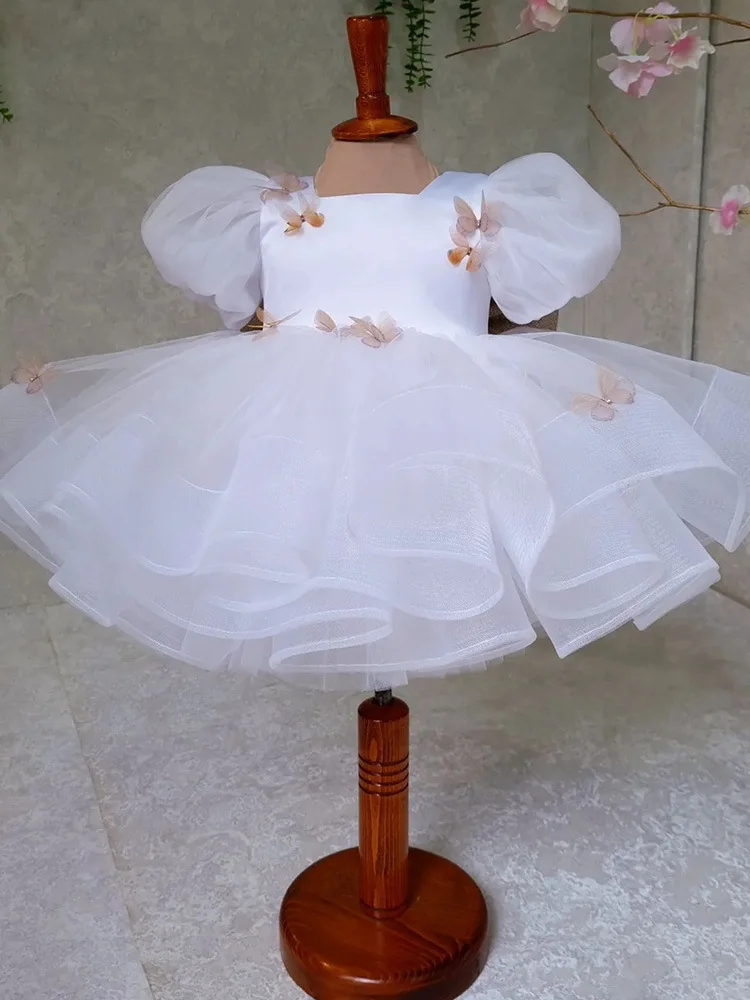 

White Tulle Girls Dress Puff Sleeve Bow lovely Performance Party Evening Ball Gown Children's Pageant Formal Princess Costume