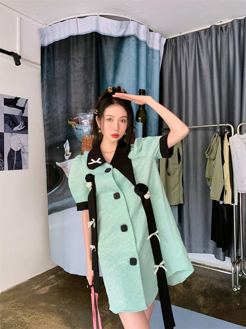 CHEERART Puff Sleeve Jacquard Cyan Designer High Fashion Dress For Women Button Up Short Sleeve Korean Fashion Mini Dress Summer