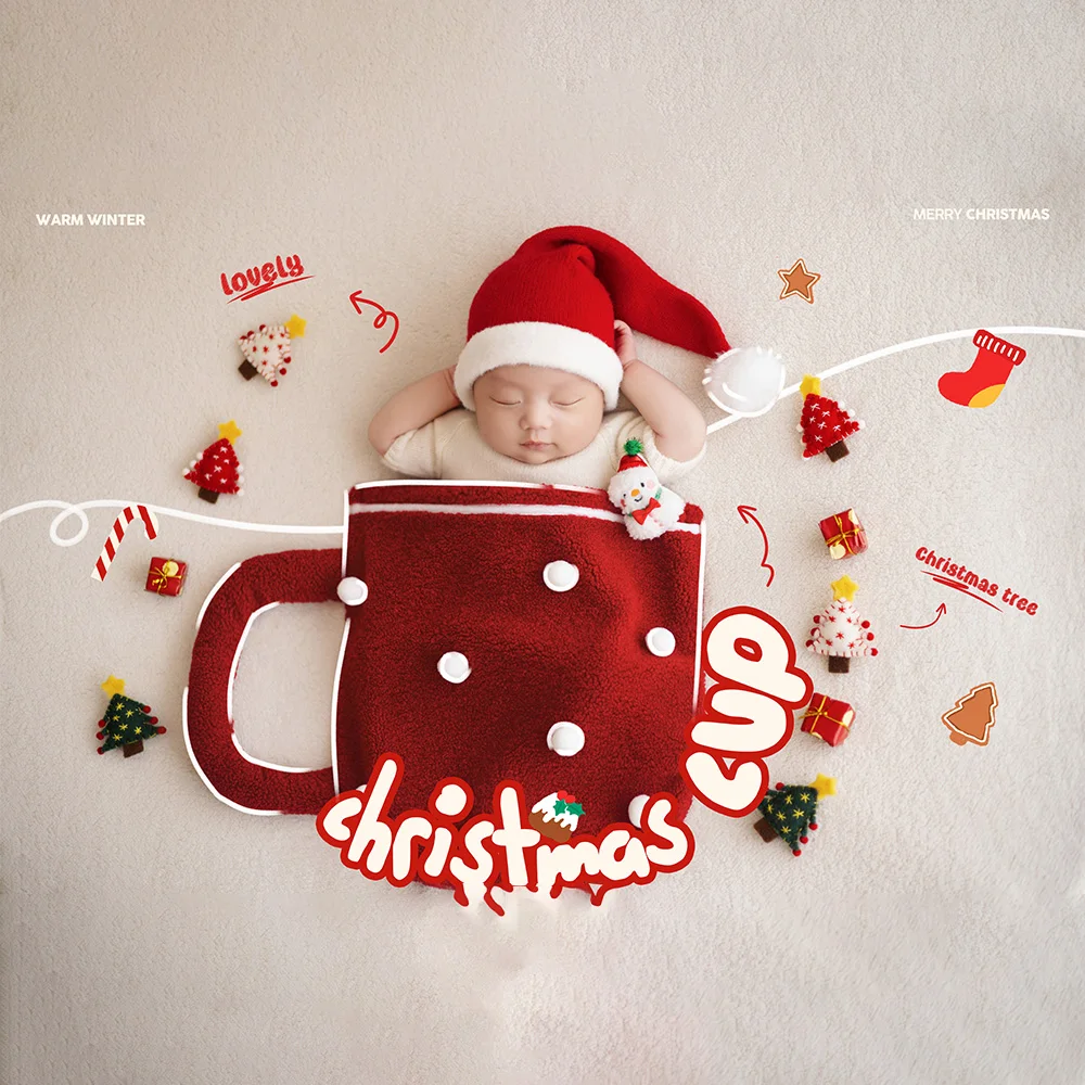 عيد الميلاد موضوع الوليد التصوير الدعائم الطفل محبوك بذلة + سانتا طقم قبعات استوديو الصور أفخم جيوب خلفية الملحقات