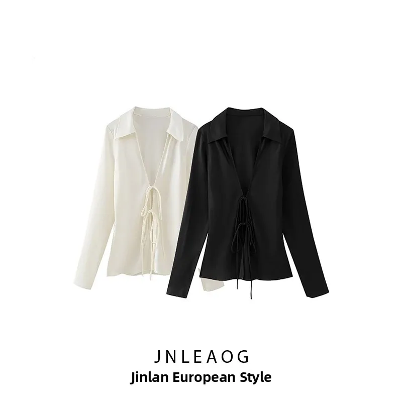 JNLEAOG Dames Casual Zijde Satijn Feel irt met Knoop Street Sle Loose Fit Lang Sve Polyester Vezelbestendig...