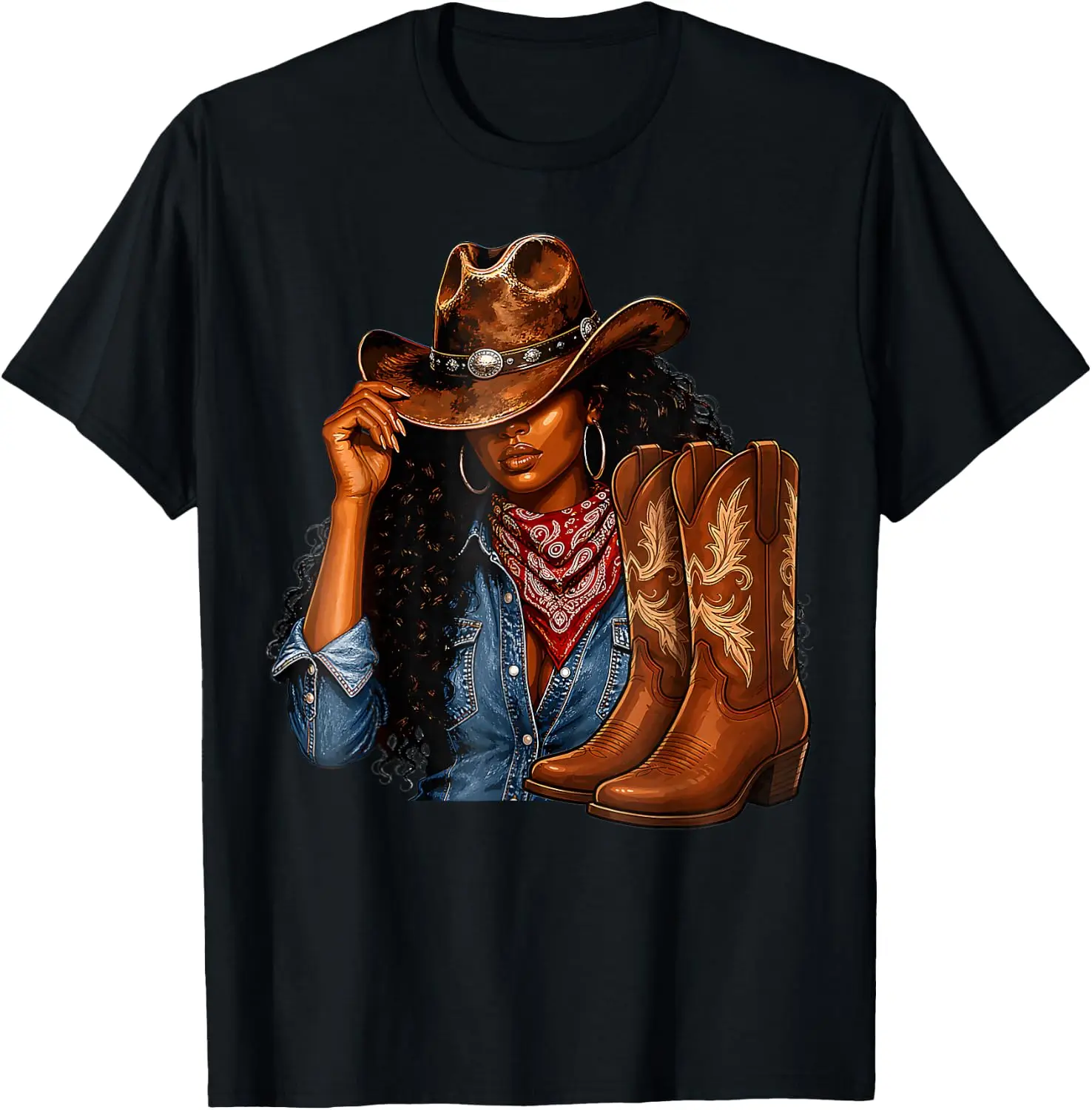Melanin Cowgirl Afro Western Boots Rodeo T-Shirt