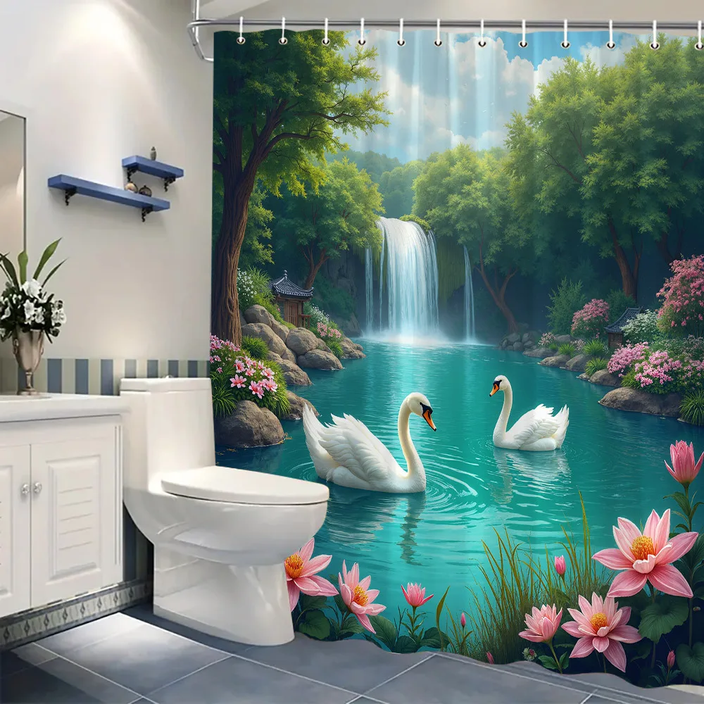 1pc Serene Garden Shower Curtain with Swans & Waterfall - Tranquil Pond & Lush Greenery Design, Peaceful Bathroom Decor, 177.8x1