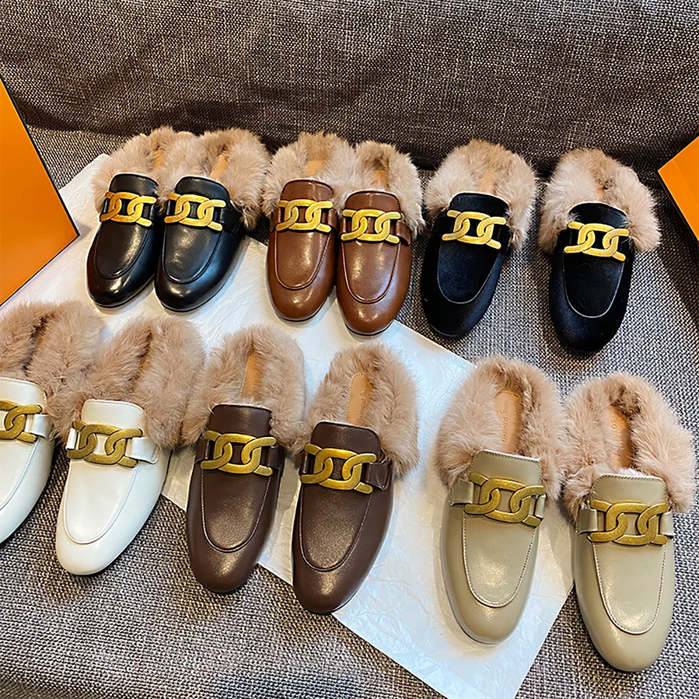 Fluffy Slippers Lazy Shoes Flat Rabbit Fur Moccasins Loafers Women's Fall and Winter Outer Wear 2023 New Muller Shoes Big Size44